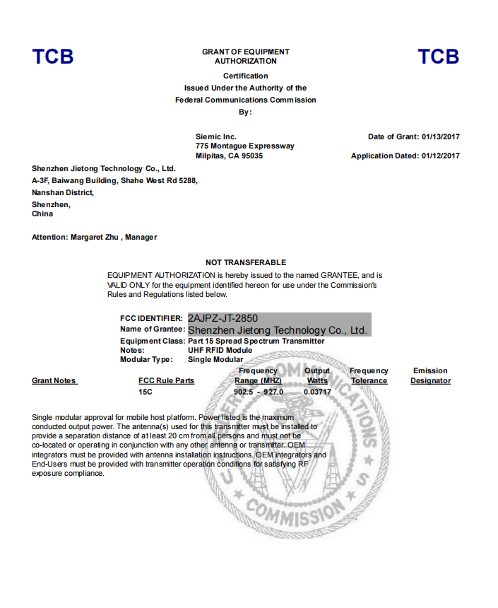 Certificado FCC JT-2850