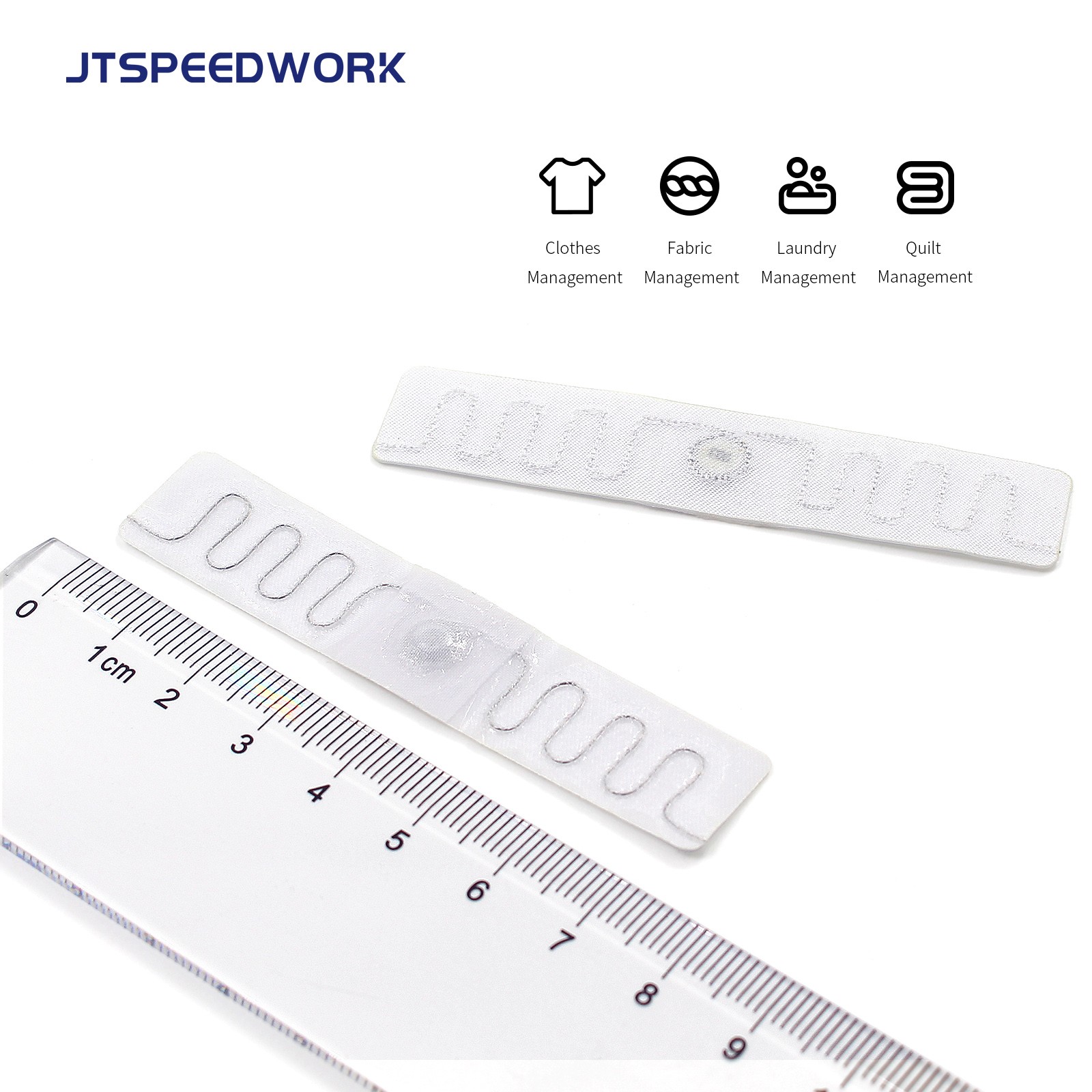 JT-F7515 902-928Mhz UHF Etiqueta RFID de tecido lavável 75x15MM