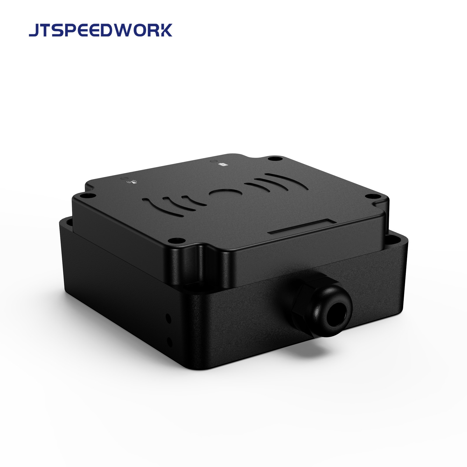 Leitor RFID UHF JT-7100 de grau industrial, alcance de 0 a 3 metros, frequência de 860 a 960 MHz.