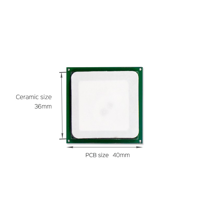 Antena cerâmica UHF RFID JT-T0036 de 3 dBi, 36 x 36 mm, 865-868/902-928 MHz, polarização circular à direita (RHCP), para PDA.