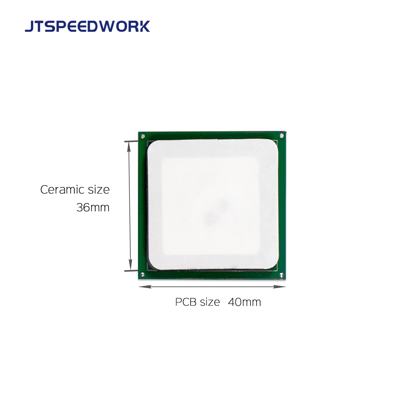 Antena cerâmica UHF RFID JT-T0036 de 3 dBi, 36 x 36 mm, 865-868/902-928 MHz, polarização circular à direita (RHCP), para PDA.