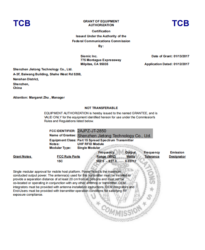 Certificado FCC JT-2850
